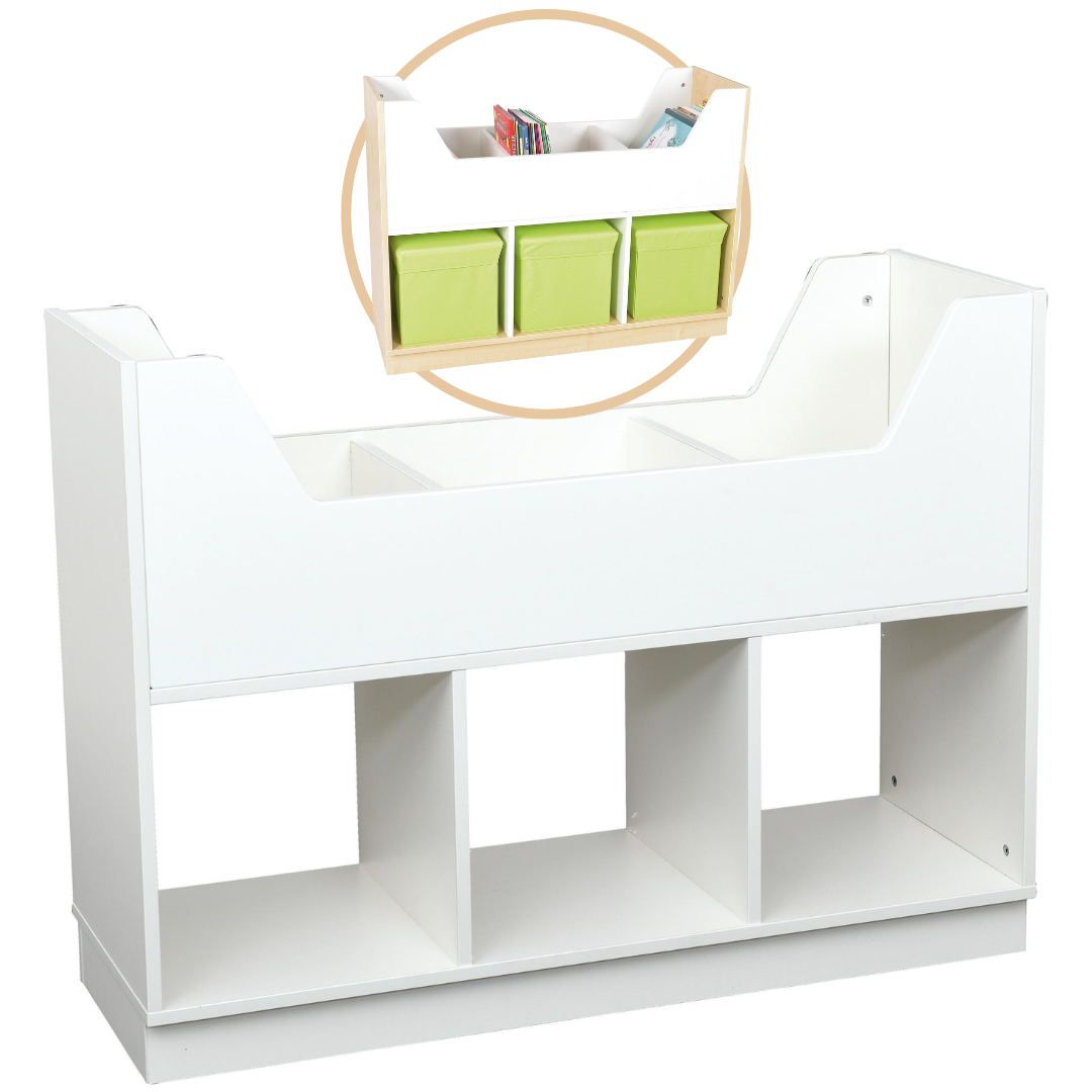 Elegantes Bücherregal mit Fächern, ideal für Kinderbereiche. - Produkt wird im Kindergarten oder Schule genutzt.