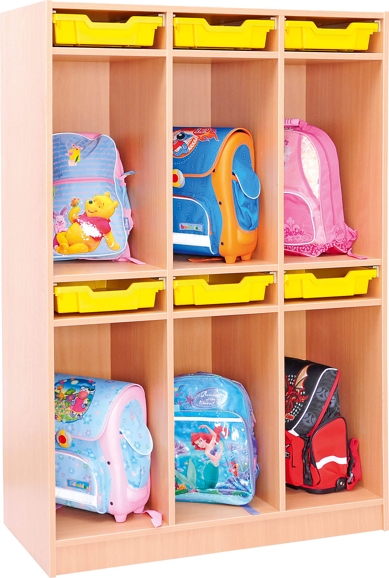 Schultaschenregal / Garderobe, 6 Einheiten, mit Containern( versch. Farben ). Geeignet für Kita, Kindergarten und Schule.