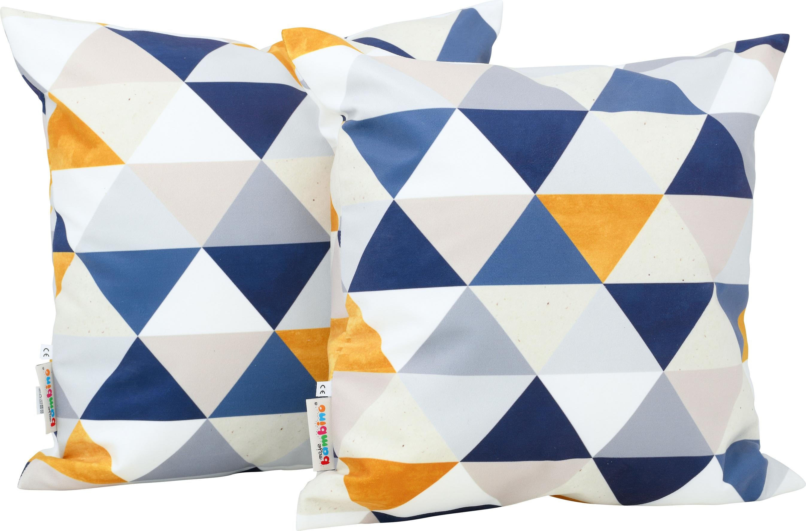 Zwei geometrische Kissen für Sitzlandschaft, quadratisch, bunt.