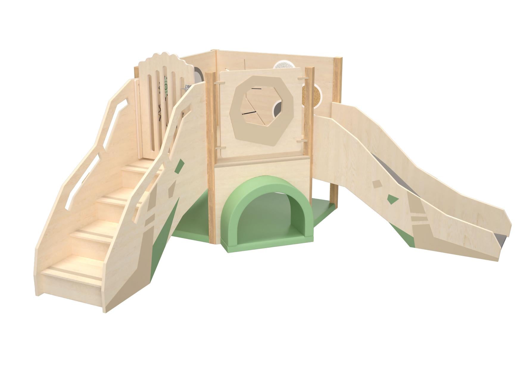 Tür für Spielburgtreppe an Holzspielburg im Kindergartenraum