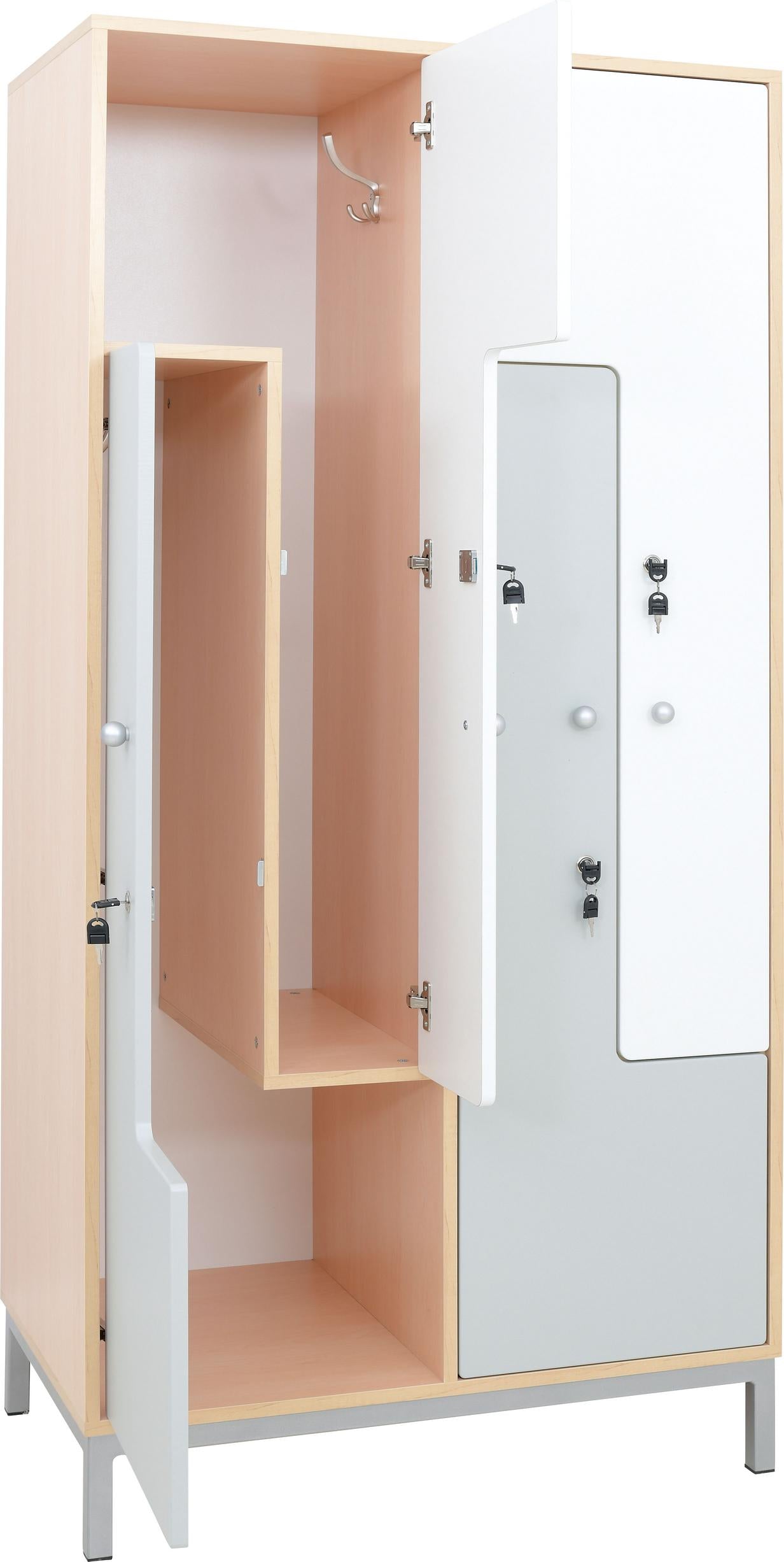 Kleiderschrank mit 4 Fächern, weiß-graue Türen geöffnet.