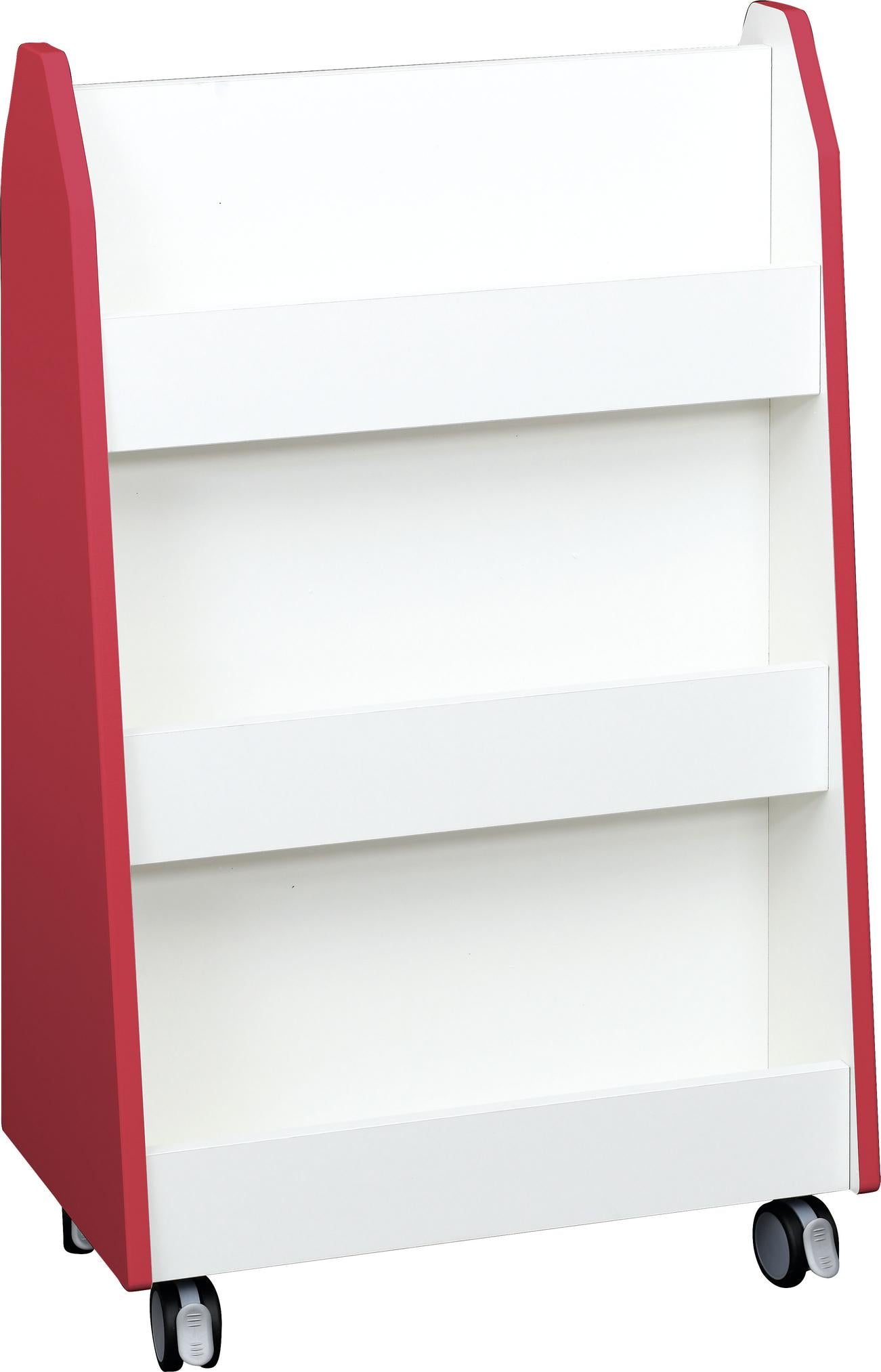 Bücherregal zweiseitig mit Rollen, modernes Design, rot-weiß. - Produkt wird im Kindergarten oder Schule genutzt.