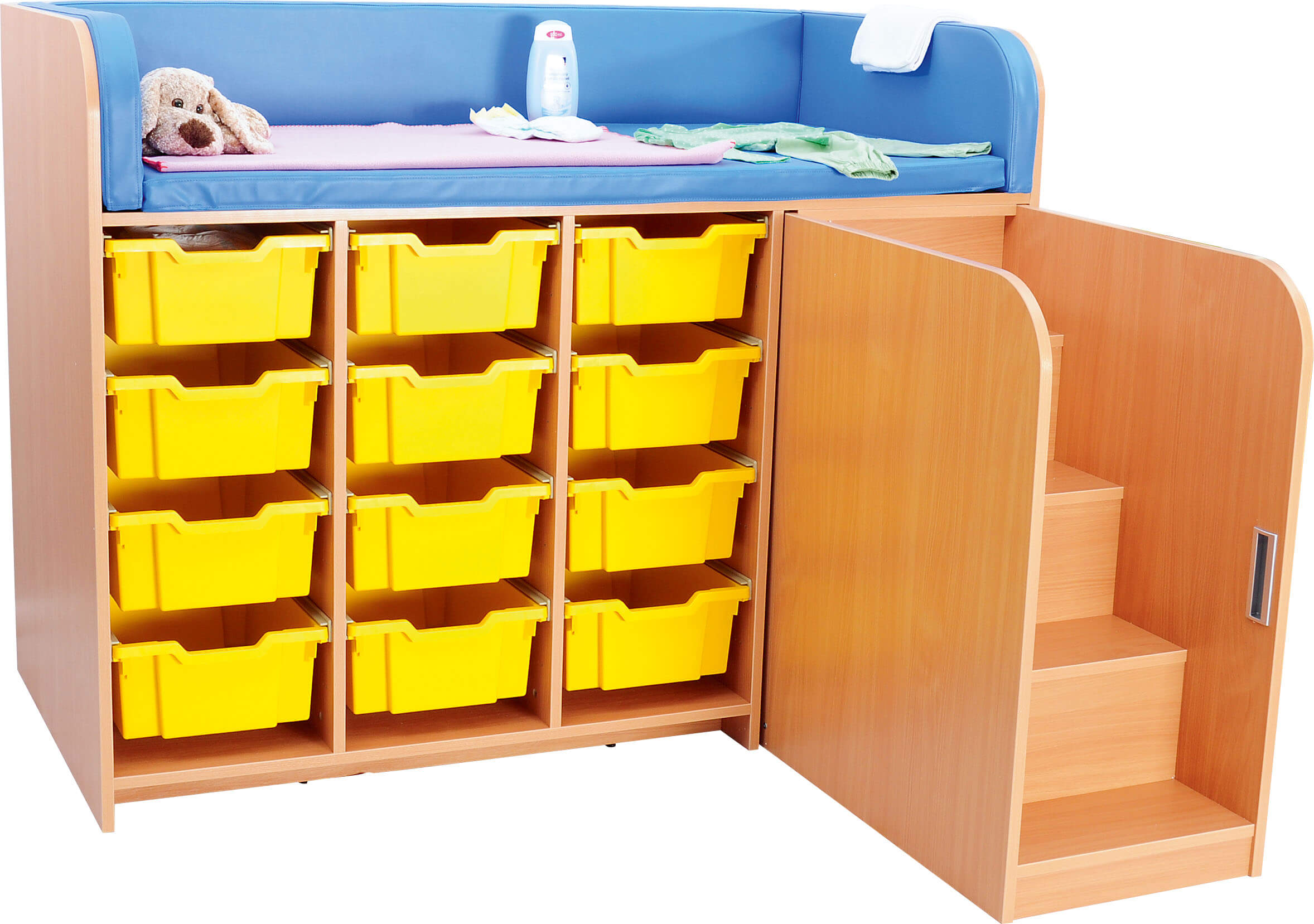 Große Wickelkommode mit Treppe inkl. Wickelauflage, Container optional, Treppe links o. rechts. Geeignet für die Krippe, Kita & Kindergarten.