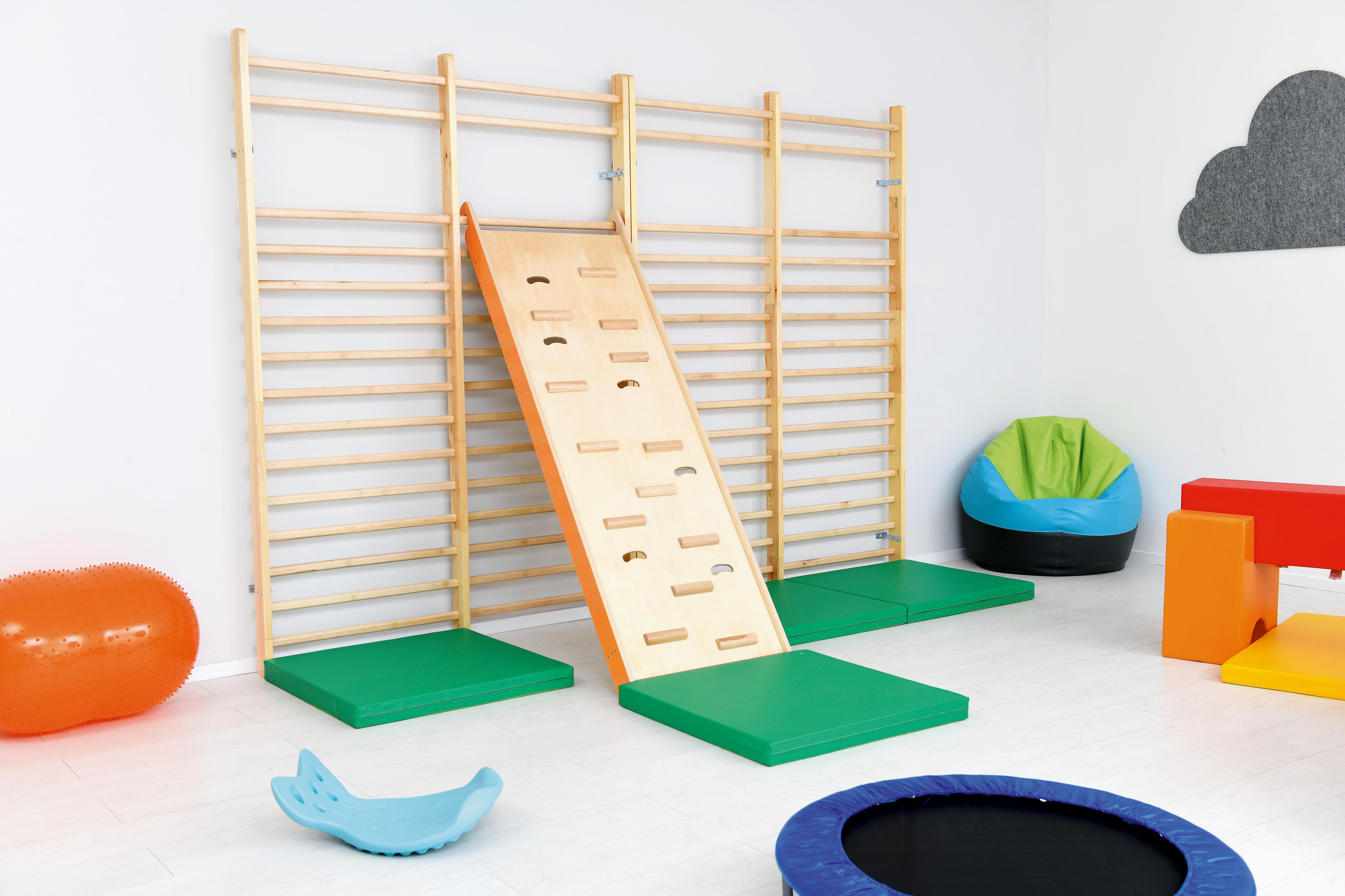 Kletterwand in Sporthalle für Schulen und Kitas sichtbar.