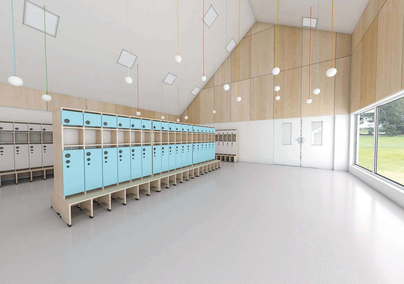 Maxi-Garderobe Bubble-Serie mit Bank, Konfigurierbar - versch. Farben. Geeignet für Kita, Kindergarten und Schule.