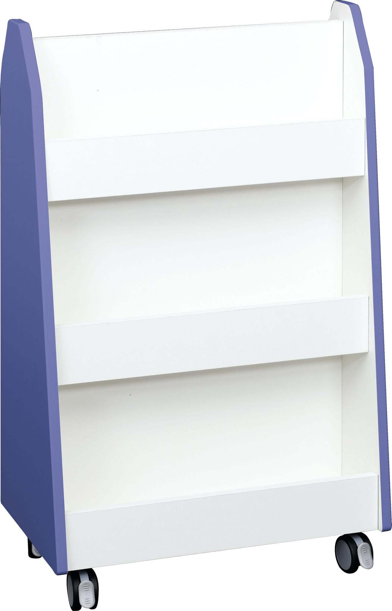 Mobiles Bücherregal mit beidseitigen Ablagen und Rollen. - Produkt wird im Kindergarten oder Schule genutzt.