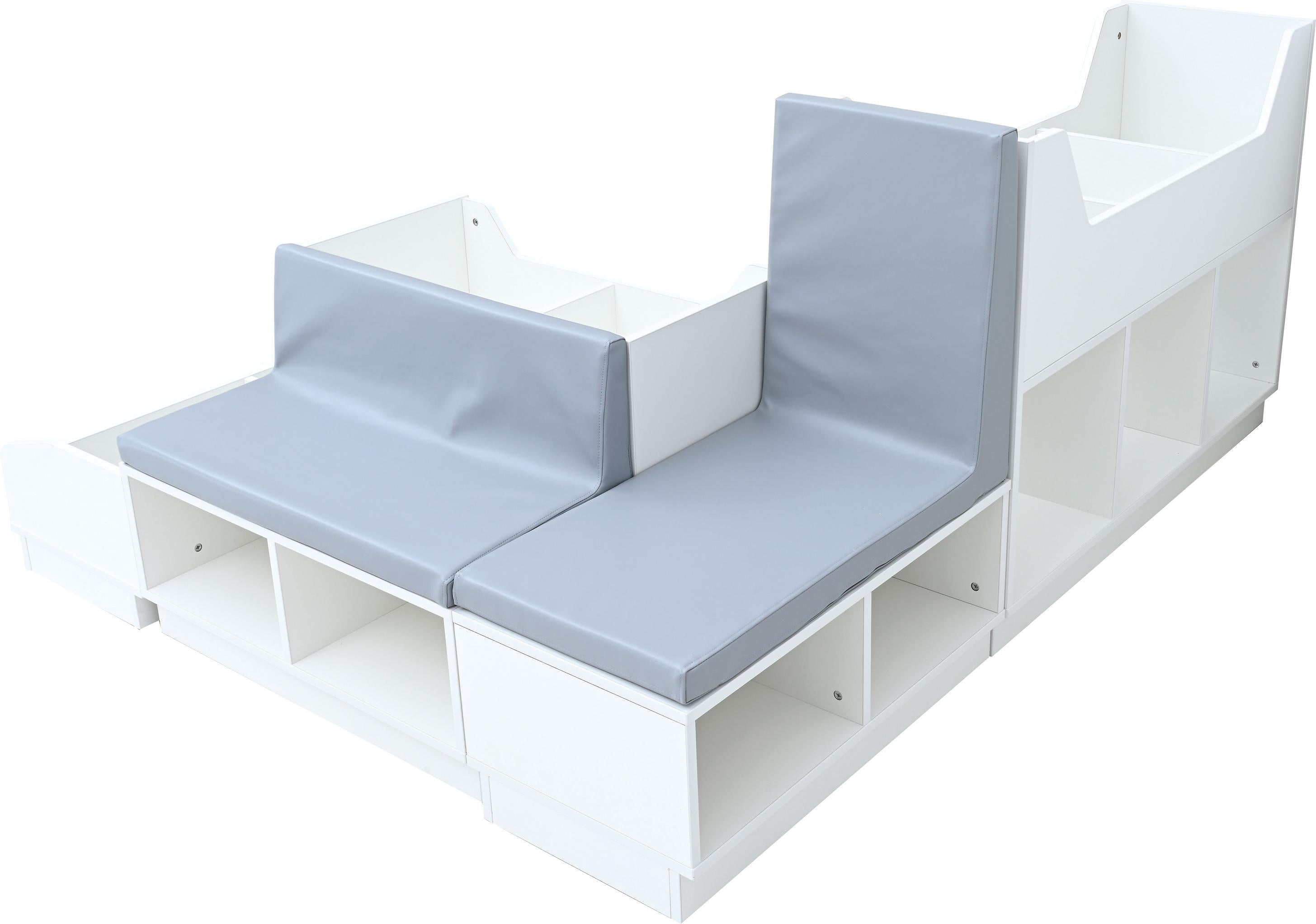 Quadro-Leseecke mit gepolsterter Bücherbank, vielseitig und komfortabel. - Produkt wird im Kindergarten oder Schule genutzt.