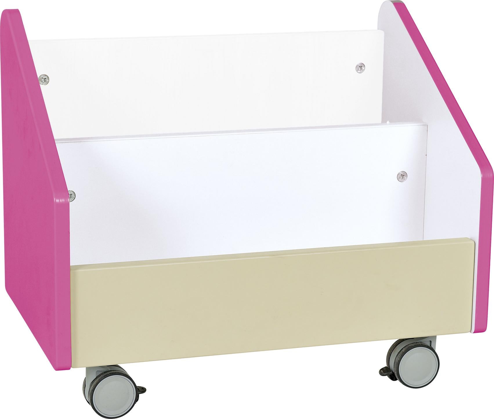 Rollbehälter für Bücher mit farbigen Seiten, mobil. - Produkt wird im Kindergarten oder Schule genutzt.