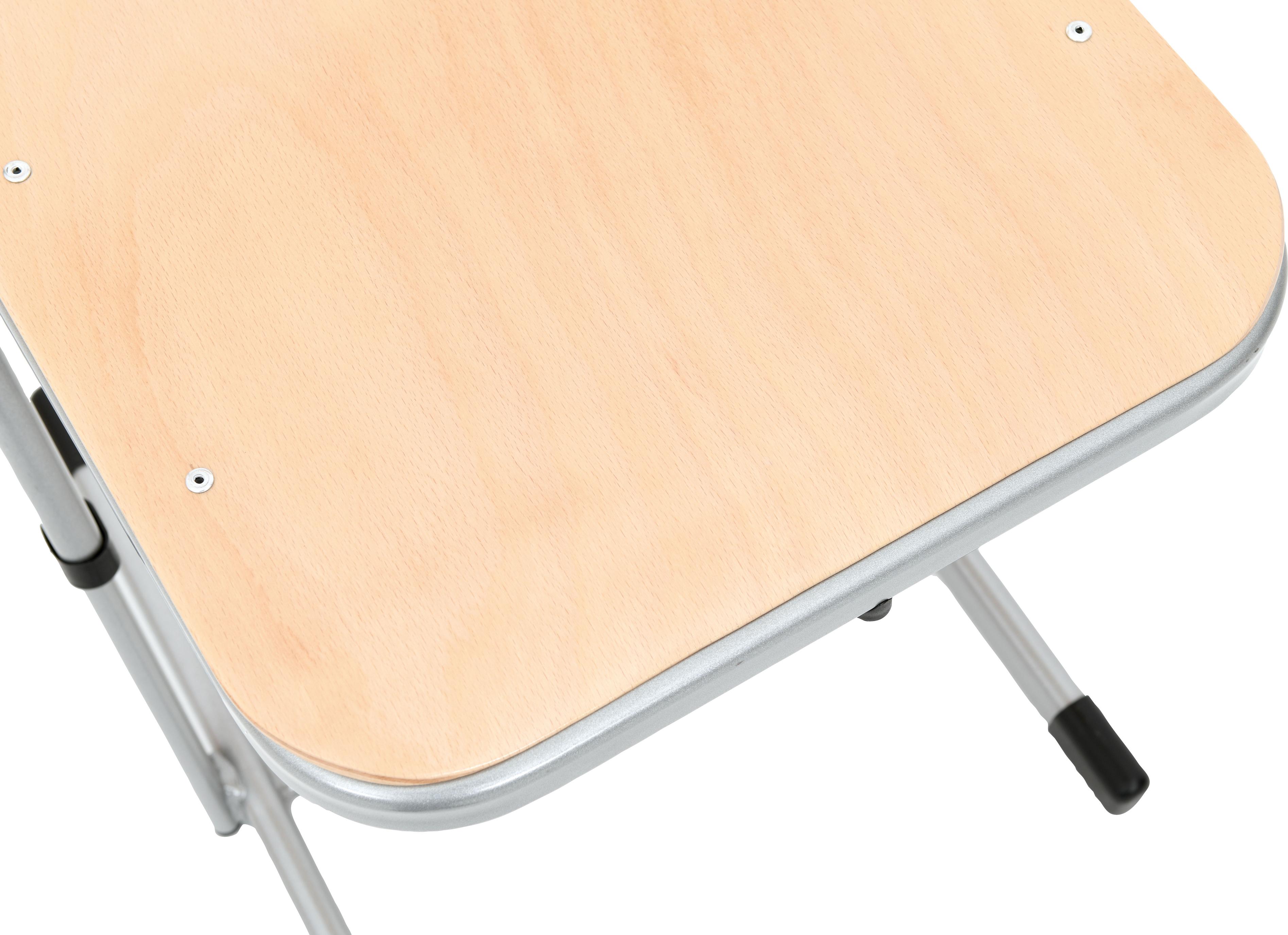 Schüler-Kufenstuhl mit robustem Holzsitz, Metallgestell sichtbar.