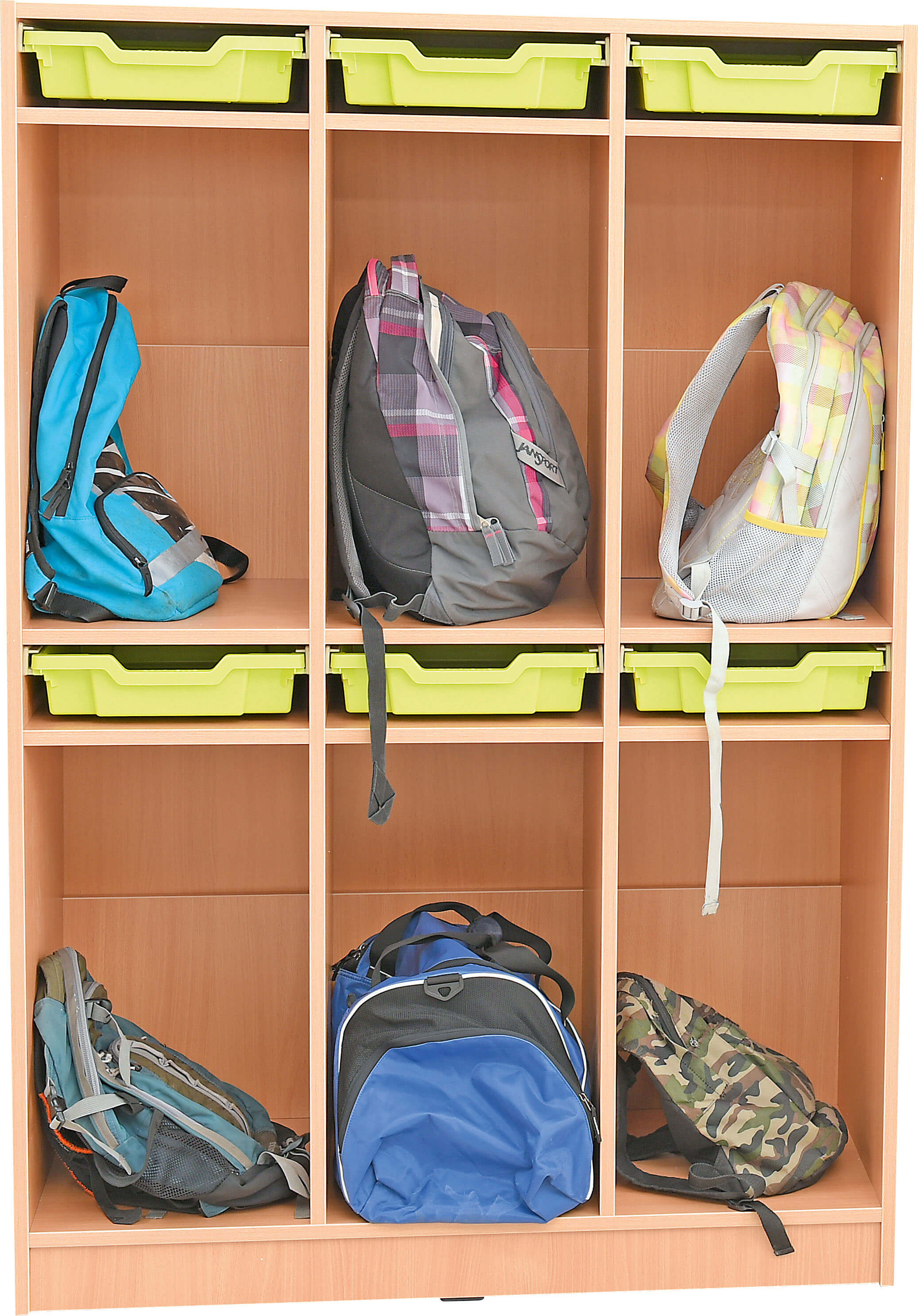 Schultaschenregal / Garderobe, 6 Einheiten, mit Containern( versch. Farben ). Geeignet für Kita, Kindergarten und Schule.