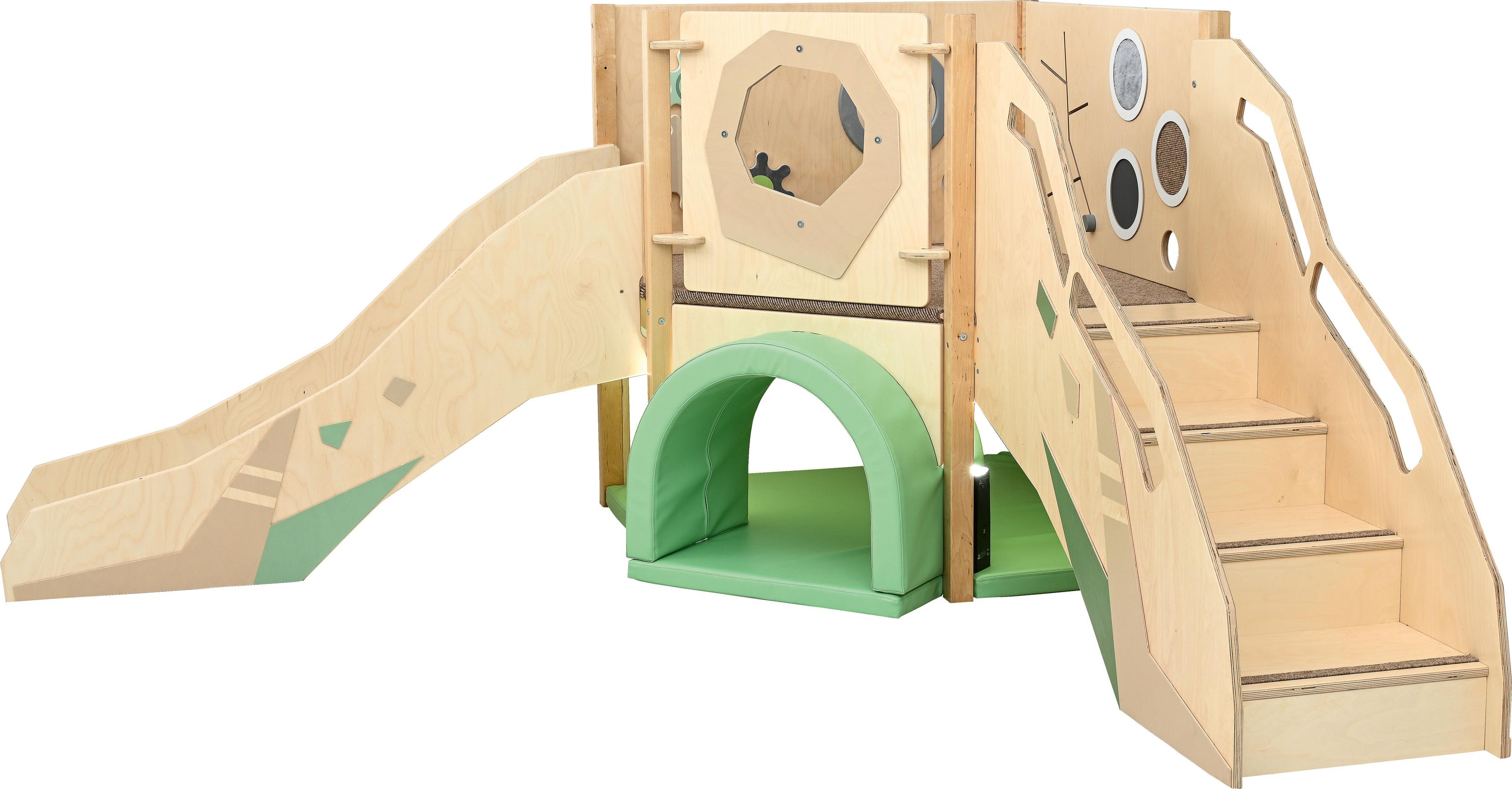 Sensorische Spielecke Hochebene mit Rutsche und Treppe.