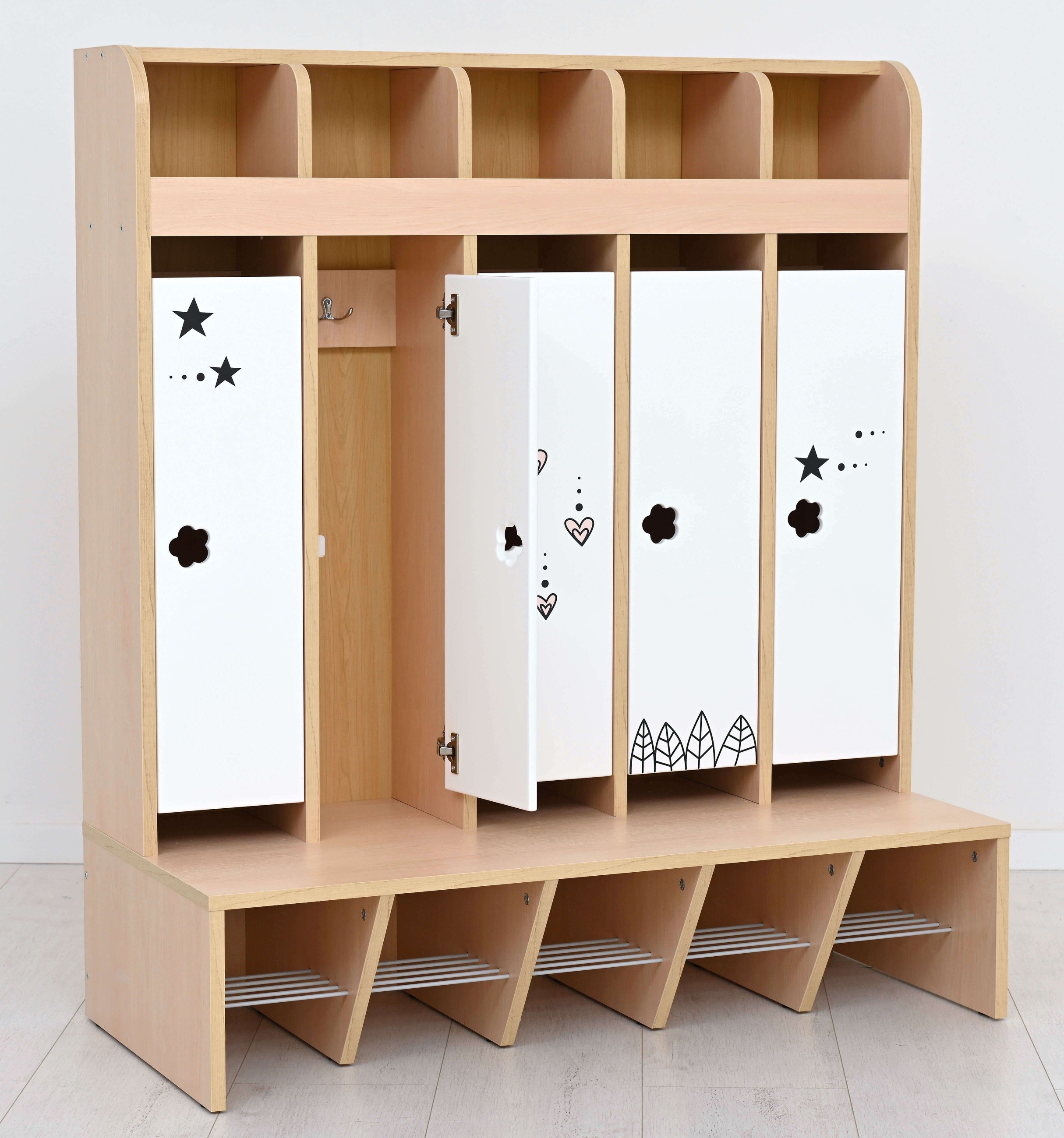 platzsparende Garderobe Mariposa mit Bank, Konfigurierbar - Versch. Farben Und Größen. Geeignet für Kita, Kindergarten und Schule.