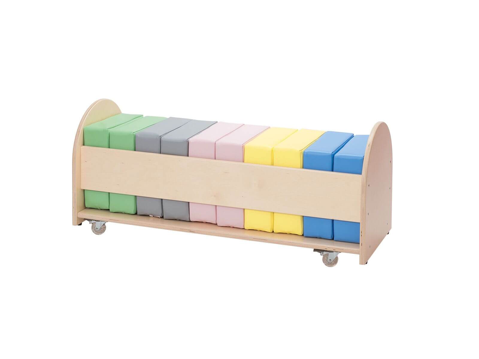 10 x pastellfarbende quadratisches Sitzkissen in Sammelgestell auf Rädern