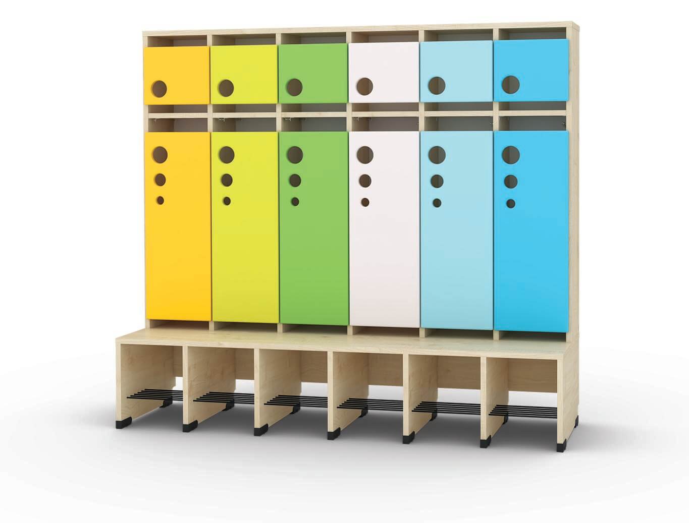 Garderobe Bubble-Serie mit Bank, Konfigurierbar - versch. Farben. Geeignet für Kita, Kindergarten und Schule.