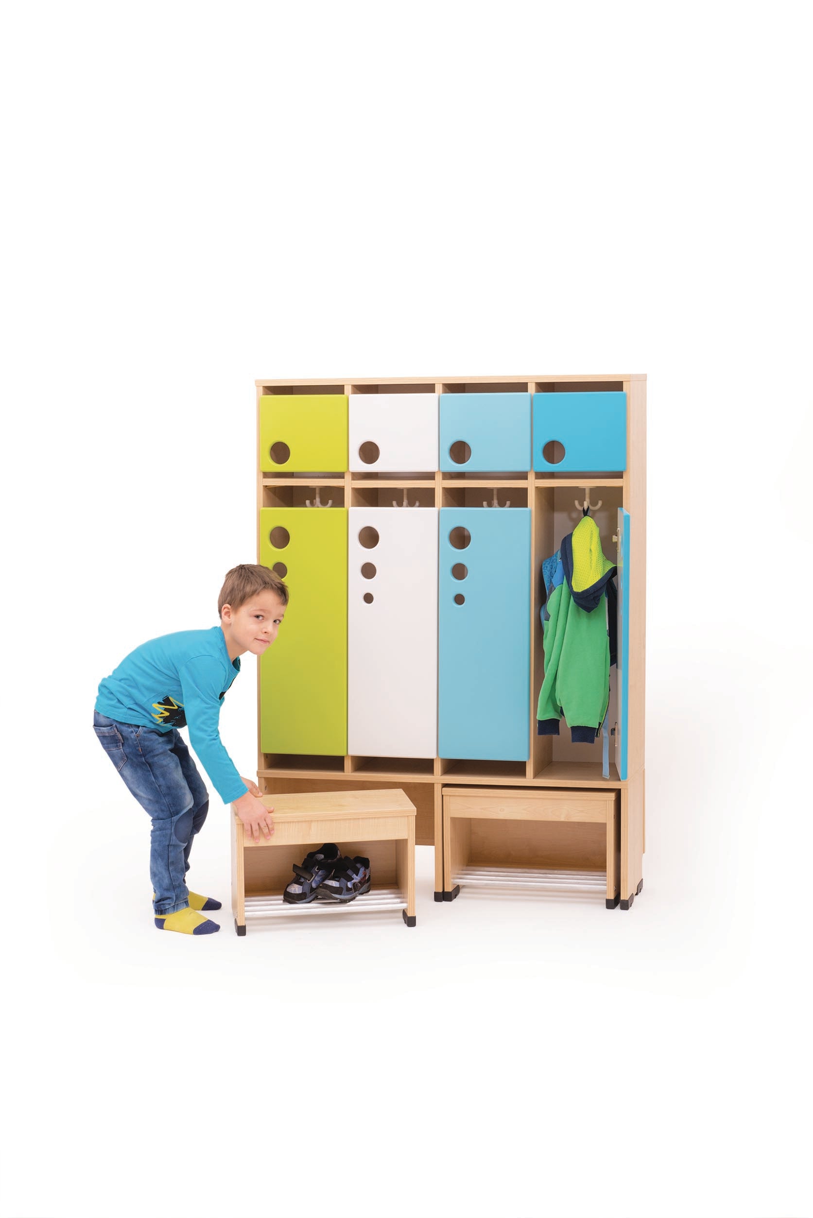 Garderobe Bubble-Serie mit ausziehbarer Bank, Konfigurierbar - versch. Farben und Größen. Geeignet für Kita, Kindergarten und Schule.